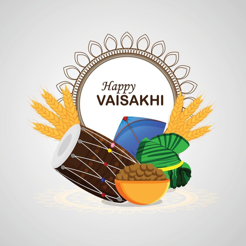 diseño plano de la tarjeta de felicitación del festival indio vaisakhi feliz con tambor creativo vector