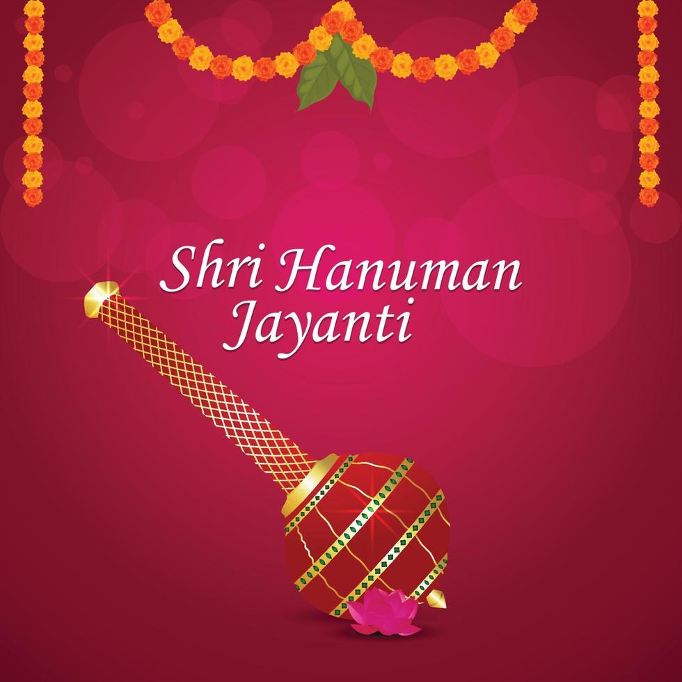 Shri hanuman jayanti celebration greeting card with lord hanuman weapon vector