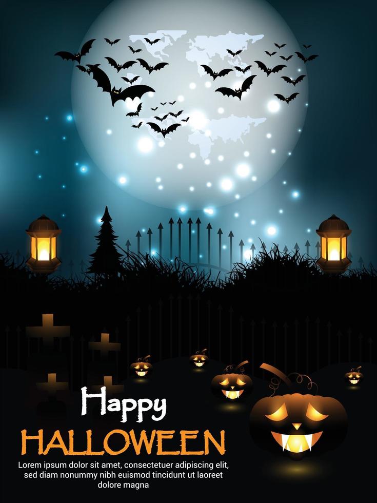 Happy halloween horror background with night scene and glowing pumpkin vector