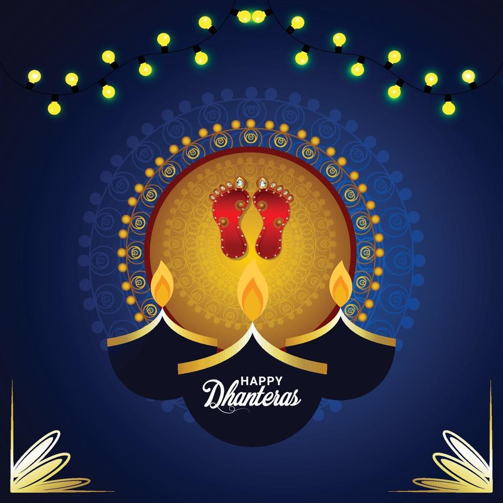 tarjeta de felicitación de celebración de shubh dhanteras con la huella de la diosa laxami vector