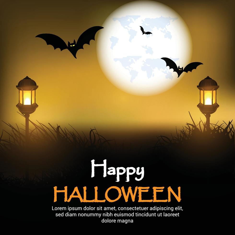 Happy halloween horror background with night scene and glowing pumpkin vector