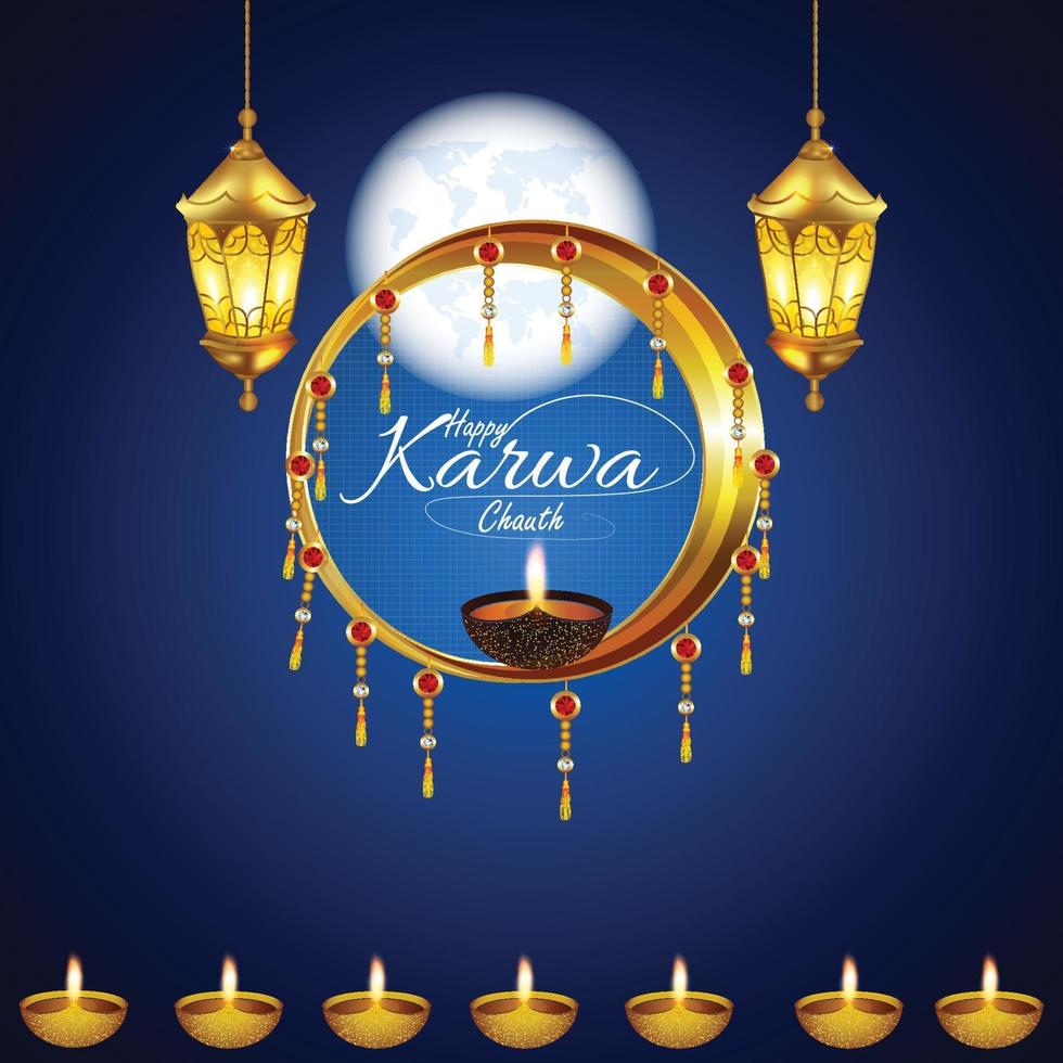 Happy karwa chouth indian festival celebration greeting card with creative golden lamp and oil diya vector