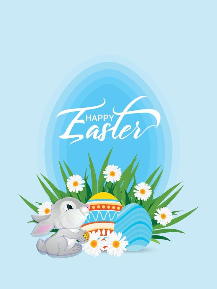 Happy easter day poster with colorful easter egg and easter bunny vector