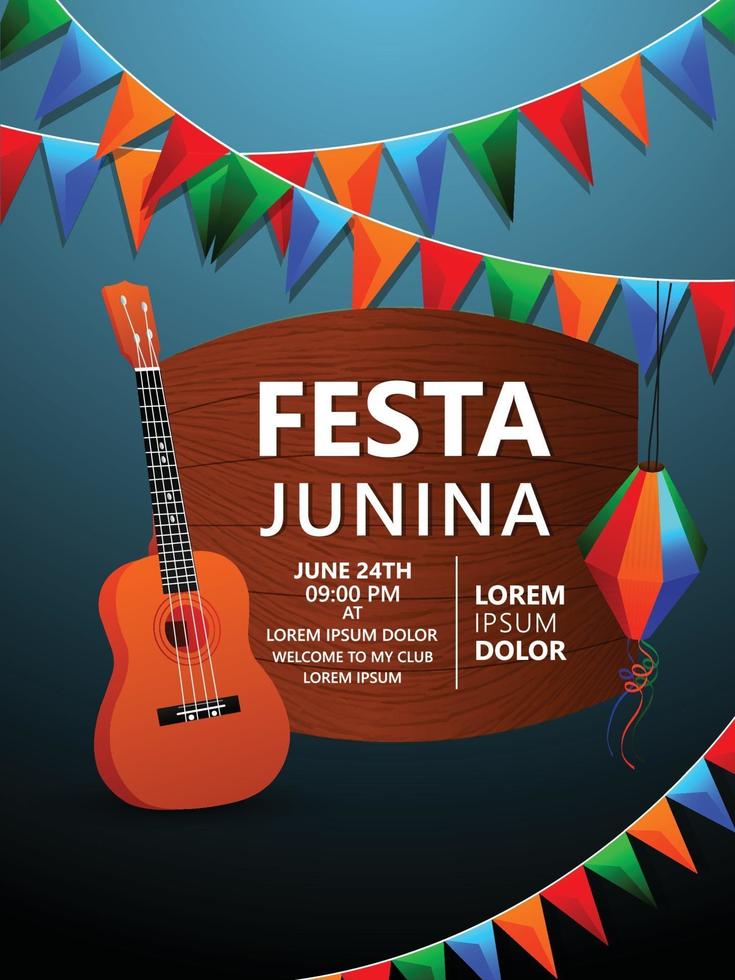 cartel de fiesta junina con bandera colorida y guitarra y linterna de papel vector