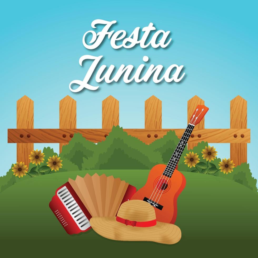 Tarjetas de invitación de Festa Junina con guitarra y linterna de papel sobre fondo blanco. vector