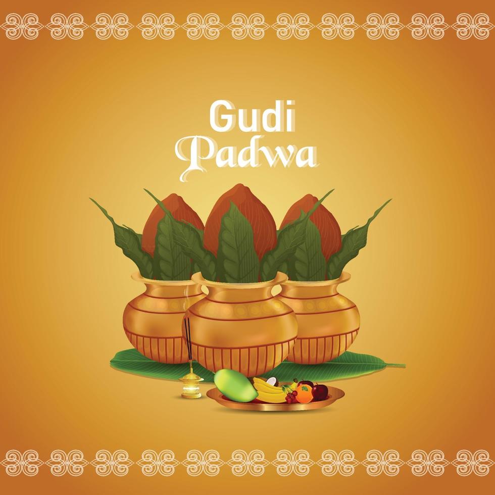 Gudi padwa vector illustration with golden kalashand background