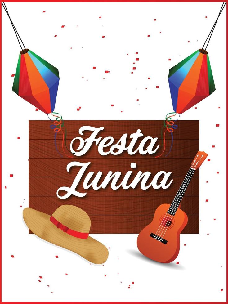 Ilustración de vector de festa junina con guitarra, bandera de fiesta colorida y linterna de papel