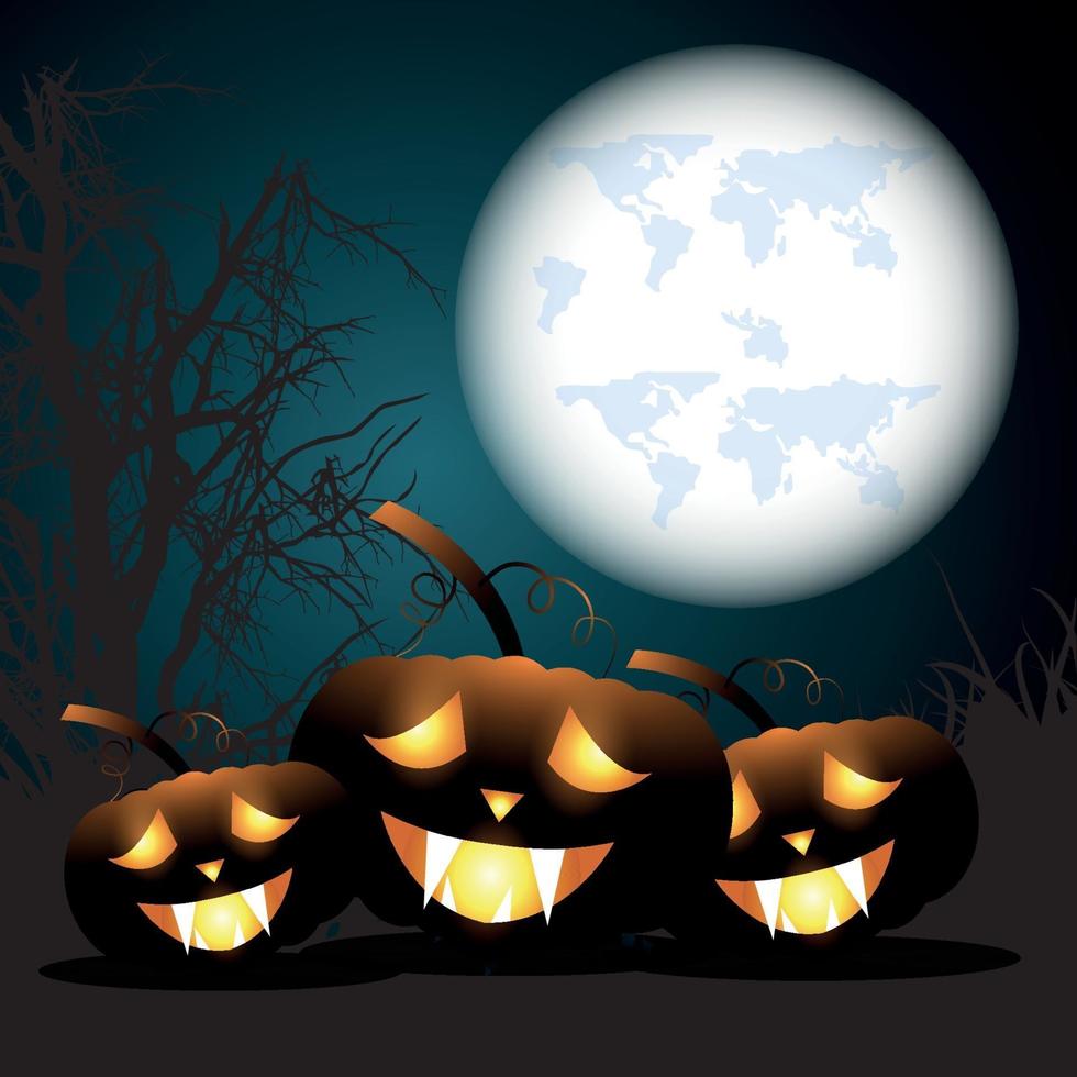 Fondo de fiesta de halloween con casa embrujada con árbol espeluznante y murciélagos con luna llena vector