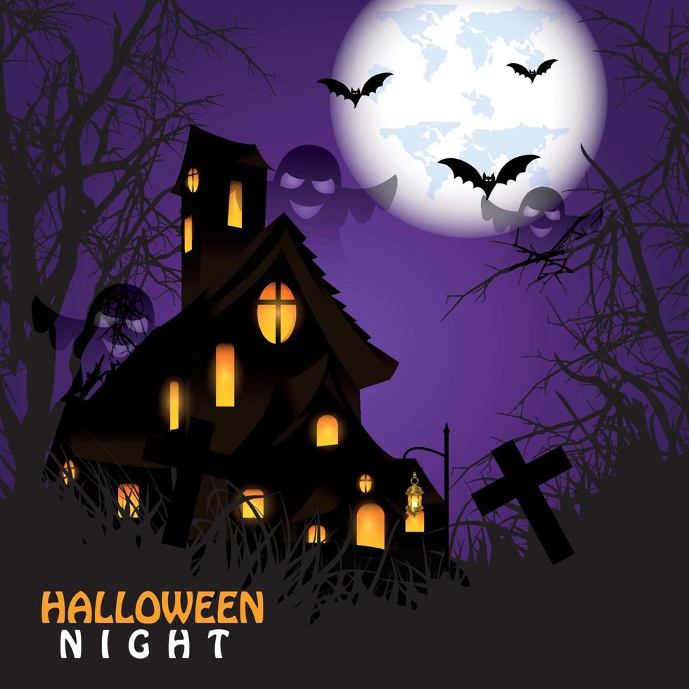 Halloween night background with a cemetery and haunted house and full moon with bats on purple background vector