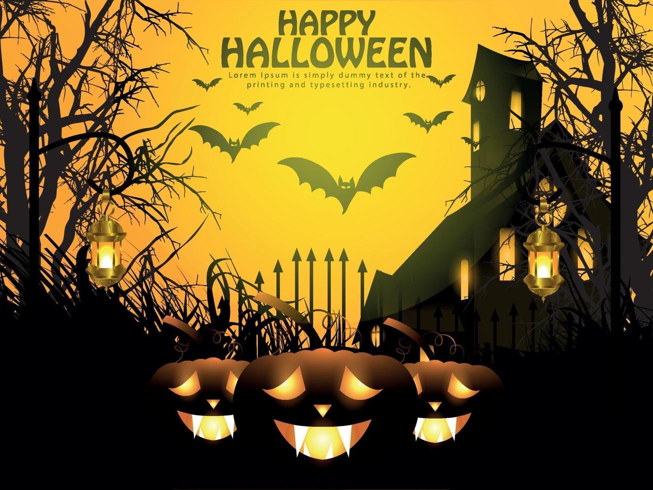 Halloween night background with glowing pumpkin, haunted house and bats. vector