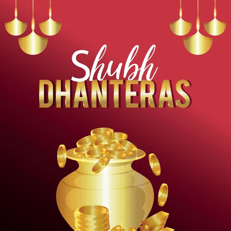 feliz dhanteras, feliz tarjeta de felicitación del festival indio de diwali con olla de monedas de oro vector