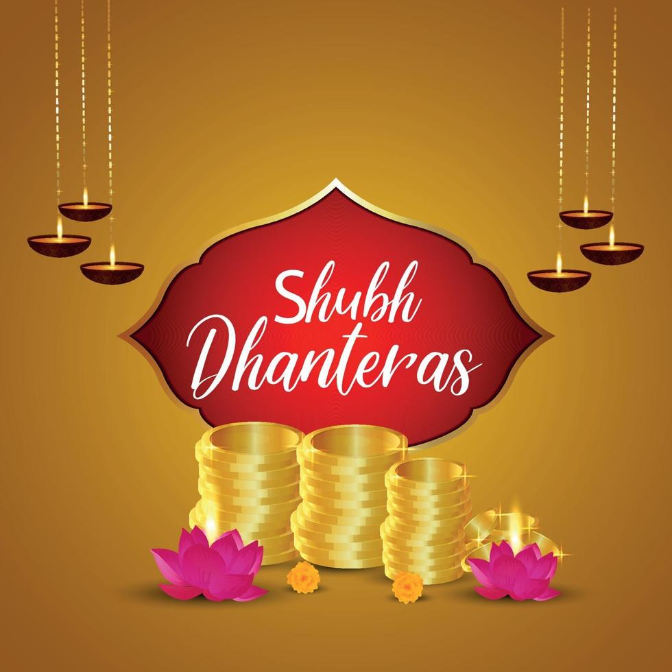 Shubh dhanteras greeting card design with golden coin pot with lotus flower vector