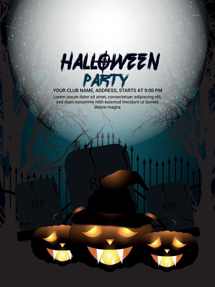 Tarjeta de felicitación de invitación de Halloween, fondo nocturno creativo con árbol fantasmagórico embrujado y calabaza brillante vector