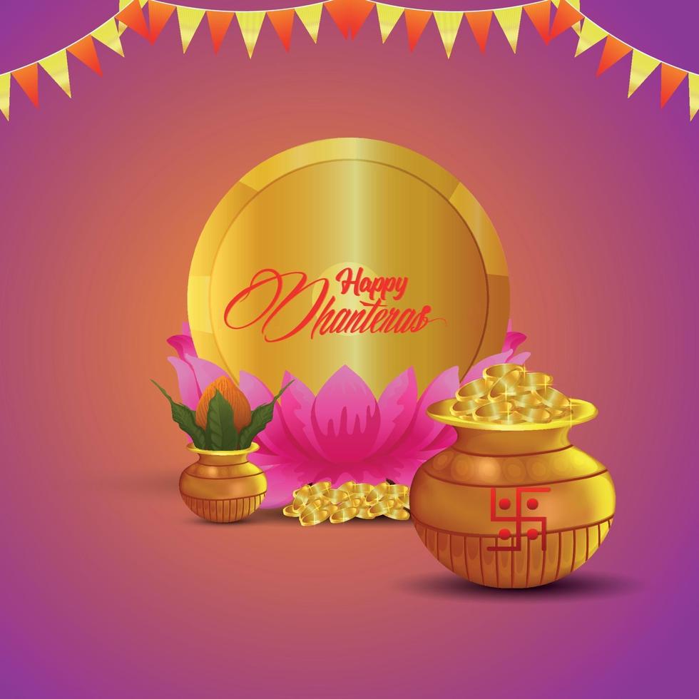 Tarjeta de felicitación de celebración de dhanteras feliz con olla de monedas de oro con kalash vector