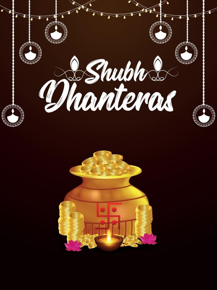 feliz tarjeta de felicitación del festival indio de dhanteras con olla de monedas de oro y kalash vector