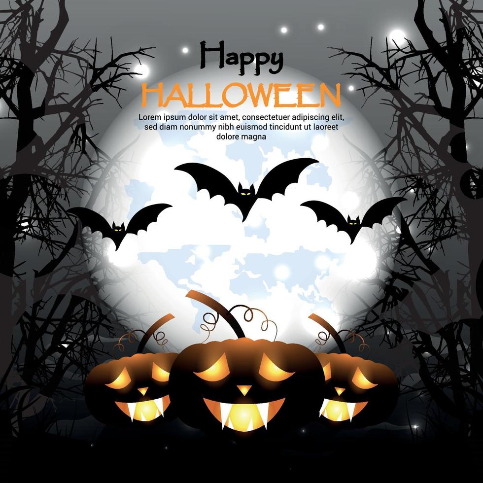 Halloween invitation greeting card,  creative night background with haunted spooky tree and glowing pumpkin vector