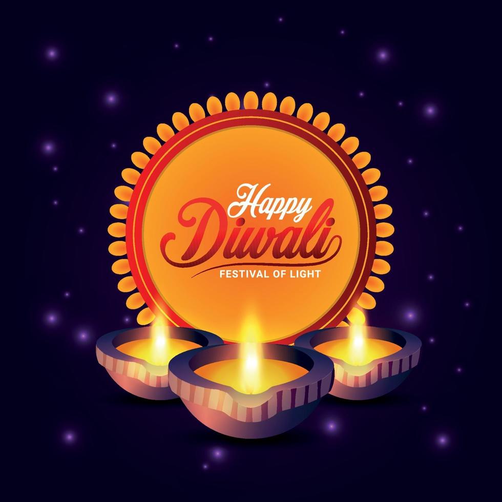 Happy diwali festival of light with diwali diya on yellow background vector