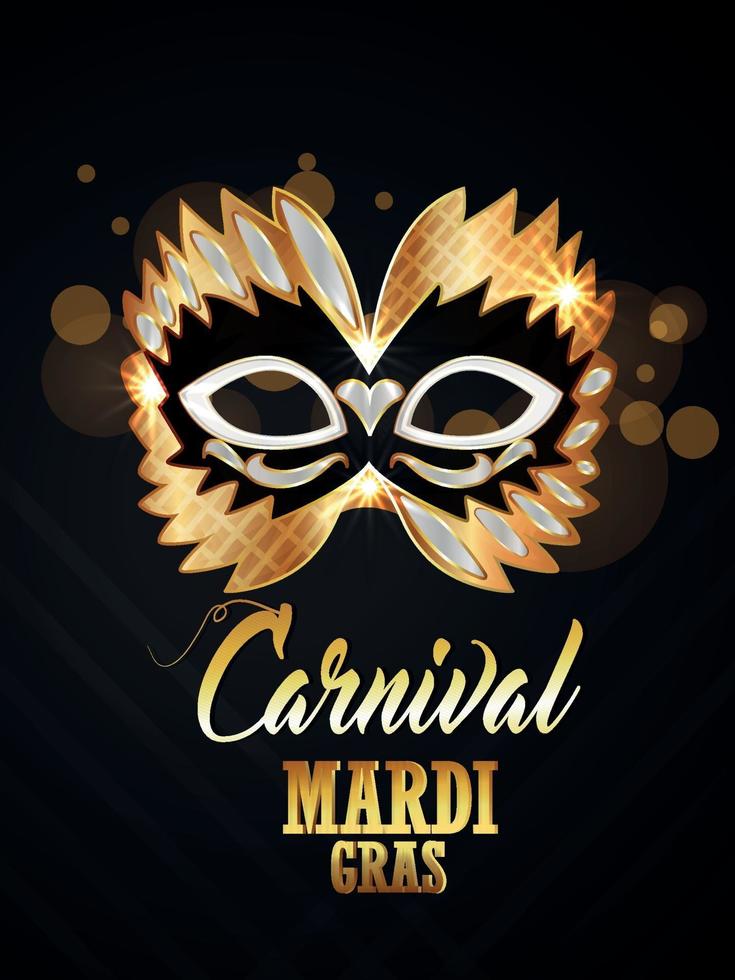 Carnival decorative invitation greeting card with vector illustration of golden mask
