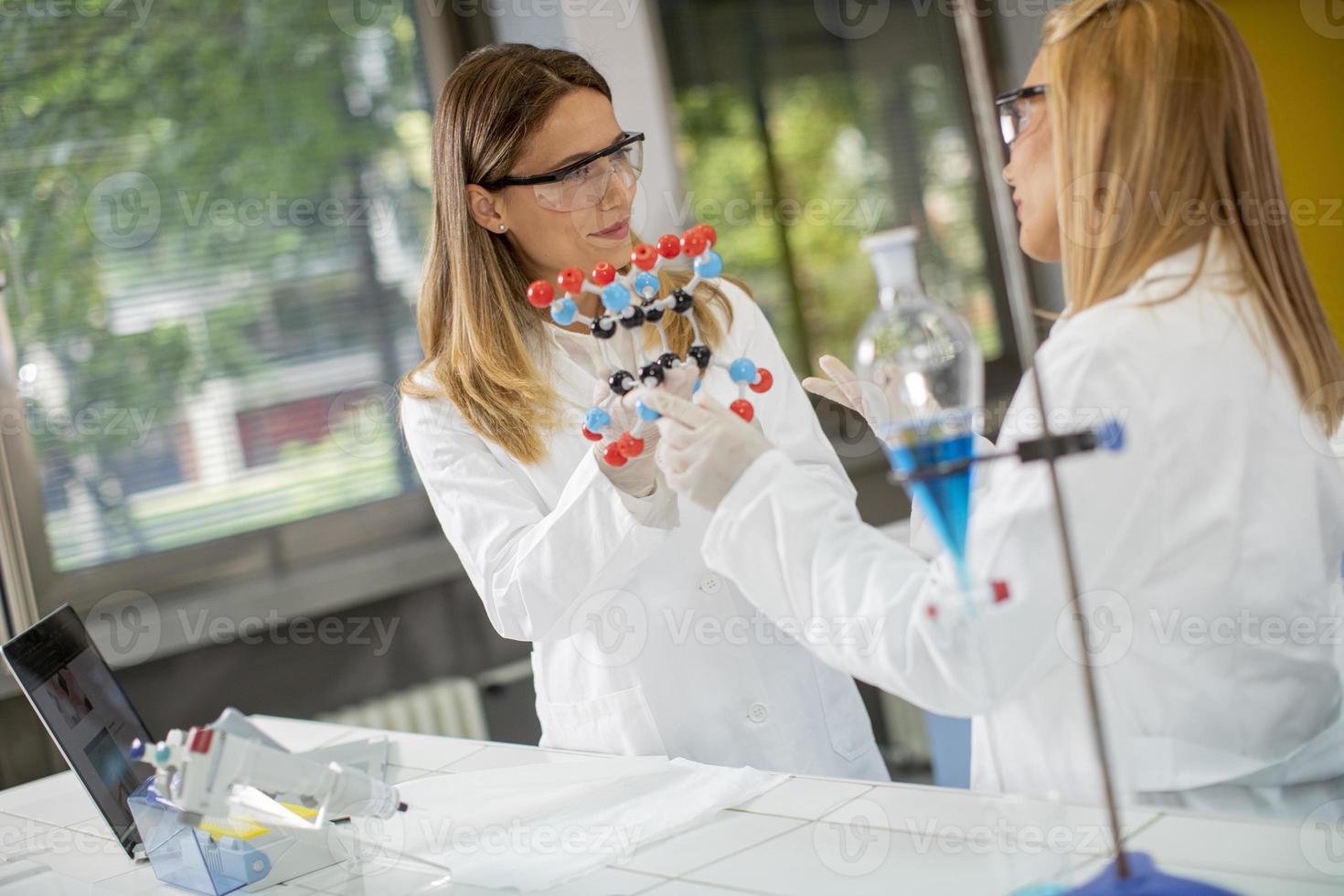 Female chemists hold molecular model in the lab photo