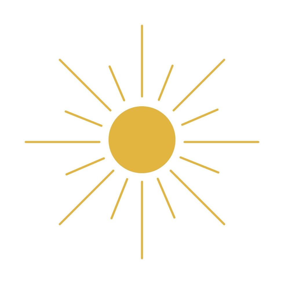 The sun icon is yellow. Abstract sun to represent the weather. Screen brightness and energy button. Summer heat, warm. On an isolated background. Vector stock illustration in flat style.