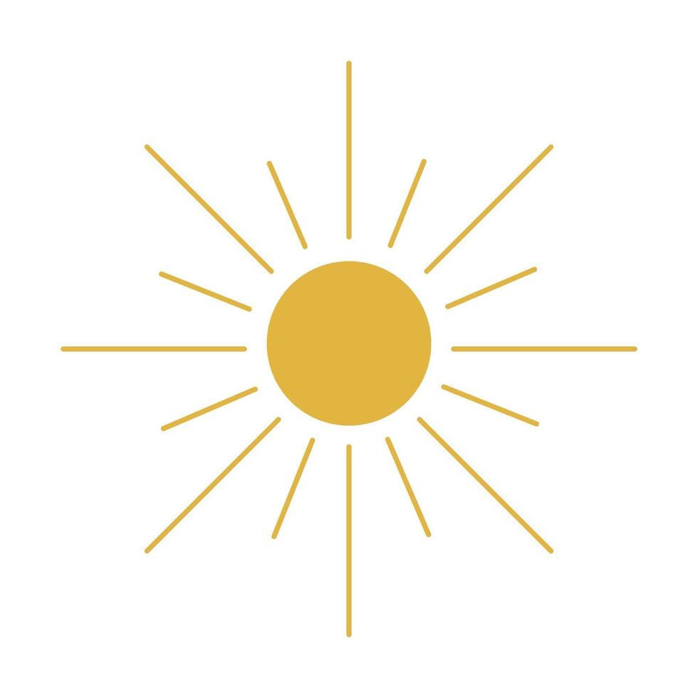 The sun icon is yellow. Abstract sun to represent the weather. Screen brightness and energy button. Summer heat, warm. On an isolated background. Vector stock illustration in flat style.