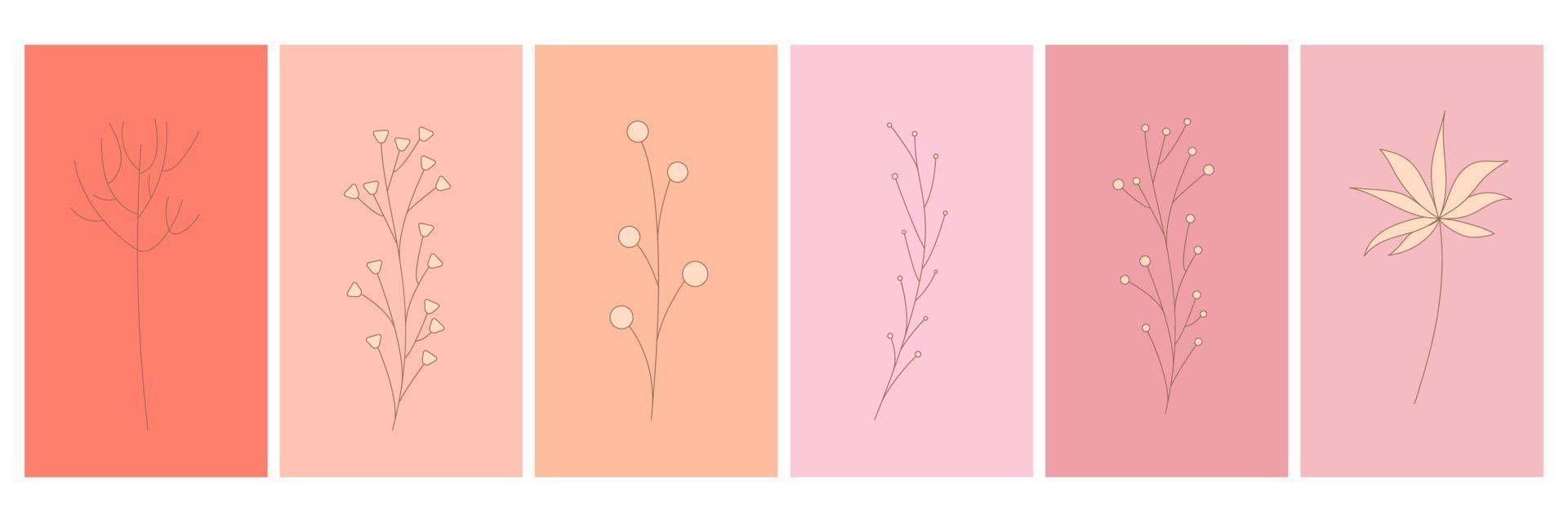 Abstract elements, minimalistic simple floral elements. leaves and flowers. Collection of art posters in pastel colors. design for social networks, postcards, prints. Outline, line, doodle style. vector