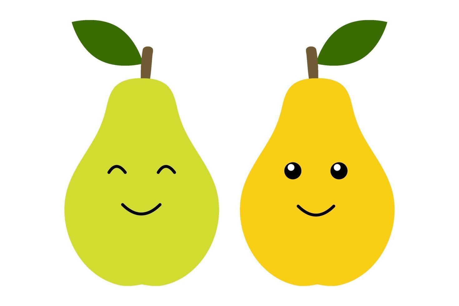 Green and yellow pear. Cute smiling kawaii child character. Happy food. Cartoon flat style. Isolated on a white background. Vector illustration.