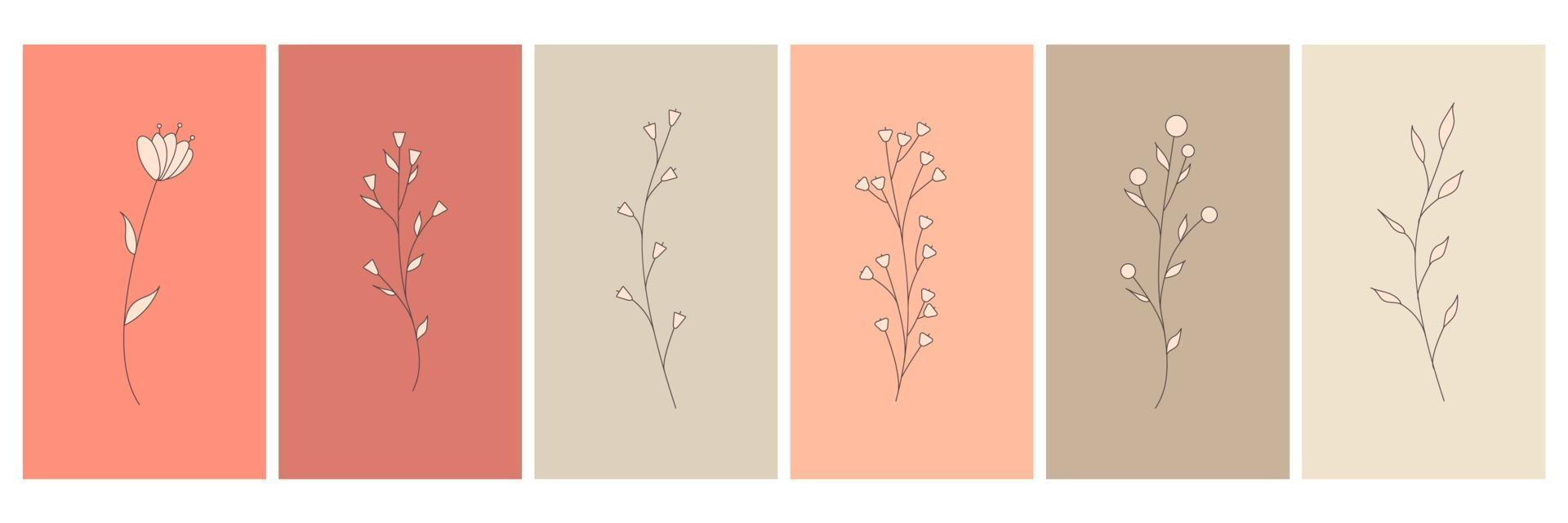 Abstract elements, minimalistic simple floral elements. leaves and flowers. Collection of art posters in pastel colors. design for social networks, postcards, prints. Outline, line, doodle style. vector