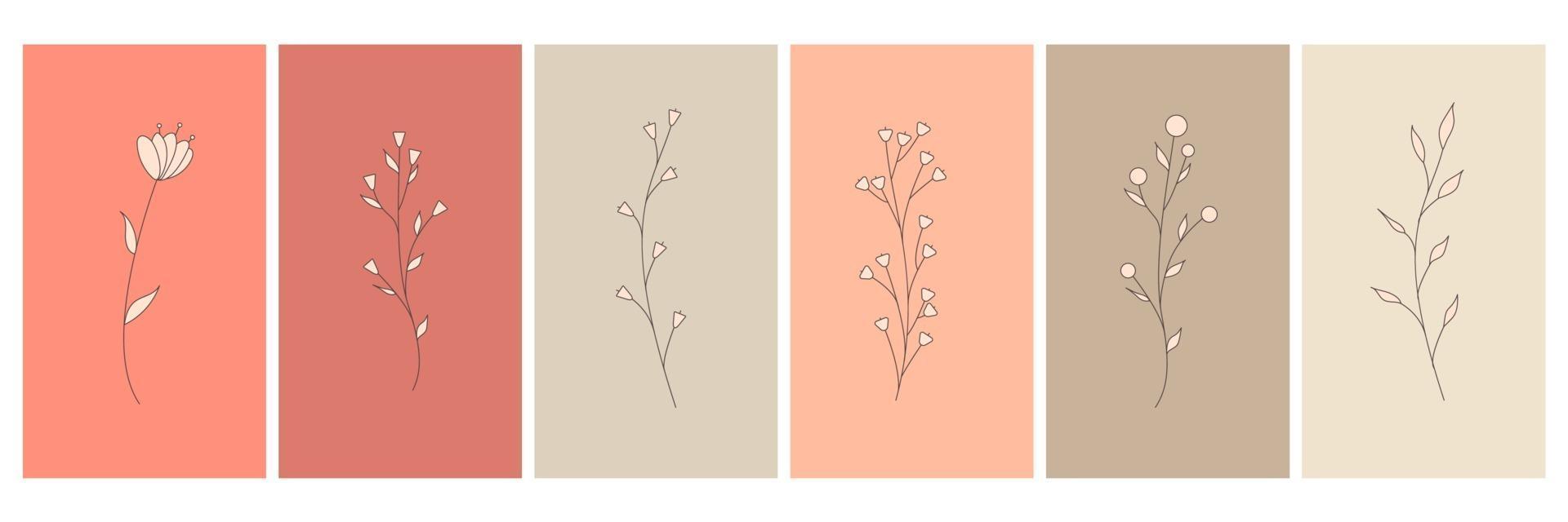 Abstract elements, minimalistic simple floral elements. leaves and flowers. Collection of art posters in pastel colors. design for social networks, postcards, prints. Outline, line, doodle style. vector