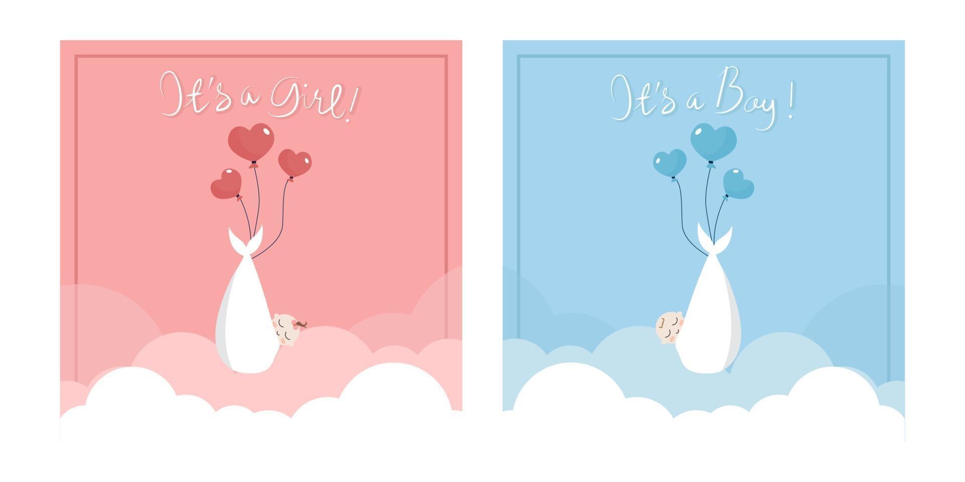 Ilustración plana de bebé volando con globo. bueno para usar para tarjetas de baby shower o arte de pared de guardería. vector