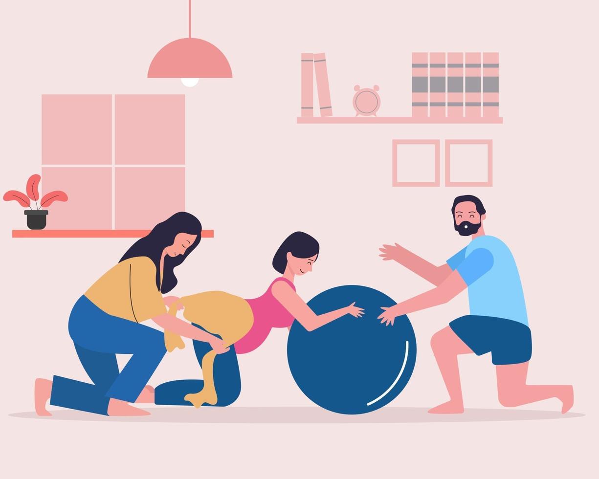 Pregnant woman practicing hypnobirthing with her husband and instructor vector