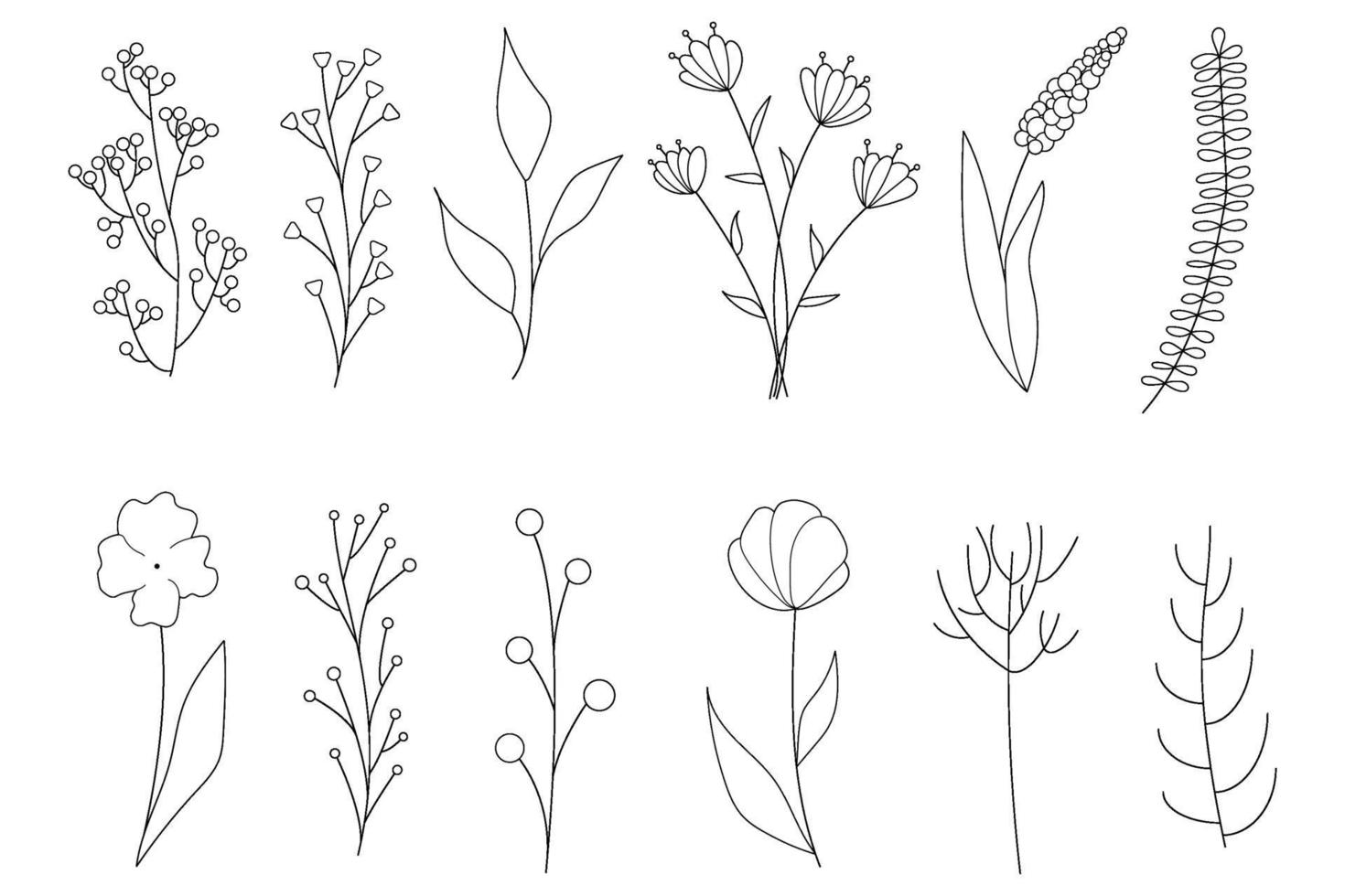 Collection of minimalistic simple floral elements. Graphic sketch. Fashionable tattoo design. Flowers, grass and leaves. Botanical natural elements. Vector illustration. Outline, line, doodle style.