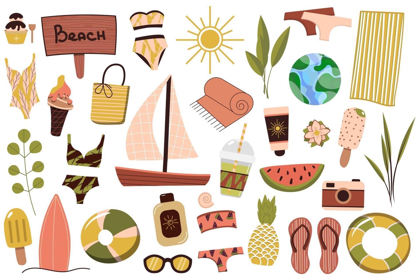 un conjunto de cosas de verano para la playa. viajar a un país soleado. descanso de verano. ilustración vectorial. vector