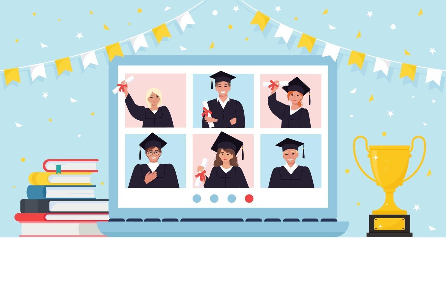 Video conference with graduate students group in graduation gown, meeting online. Friends talking on video. Laptop screen, Book, Champion cup. Flat vector illustration