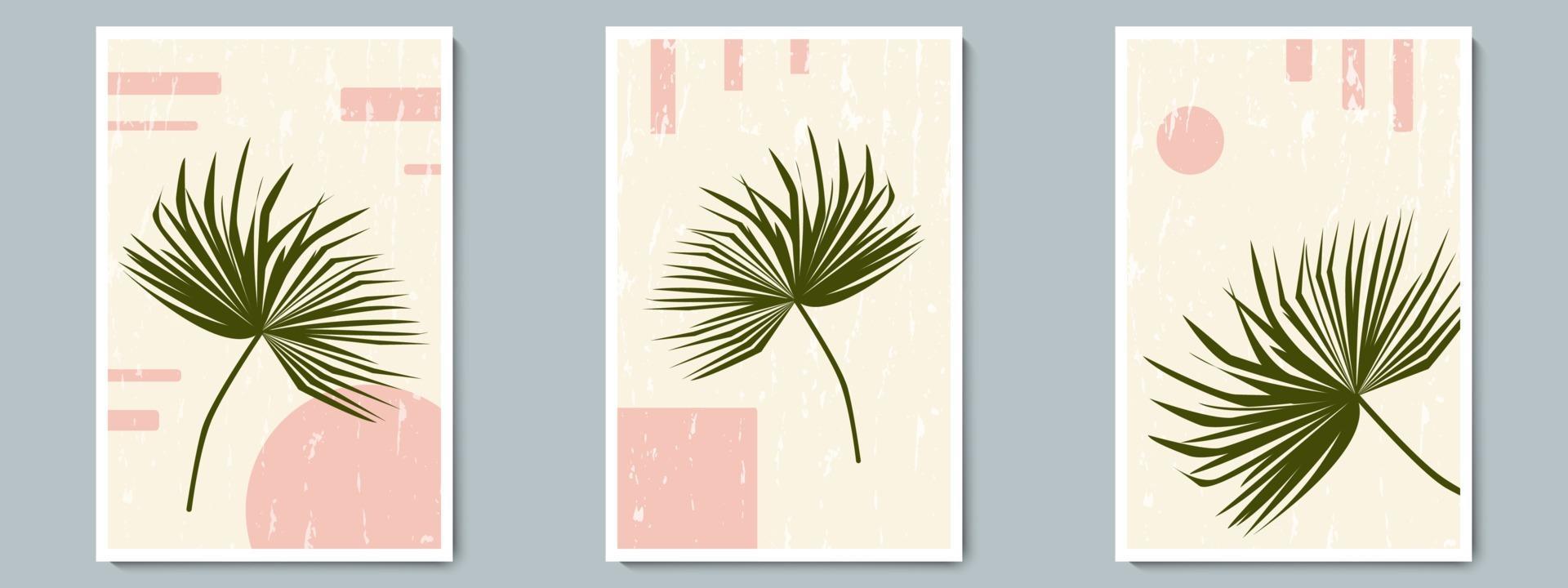 Botanical Wall Art Vector Poster Summer Set. Minimalist Tropical Plant with Geometric Shape and Background Texture