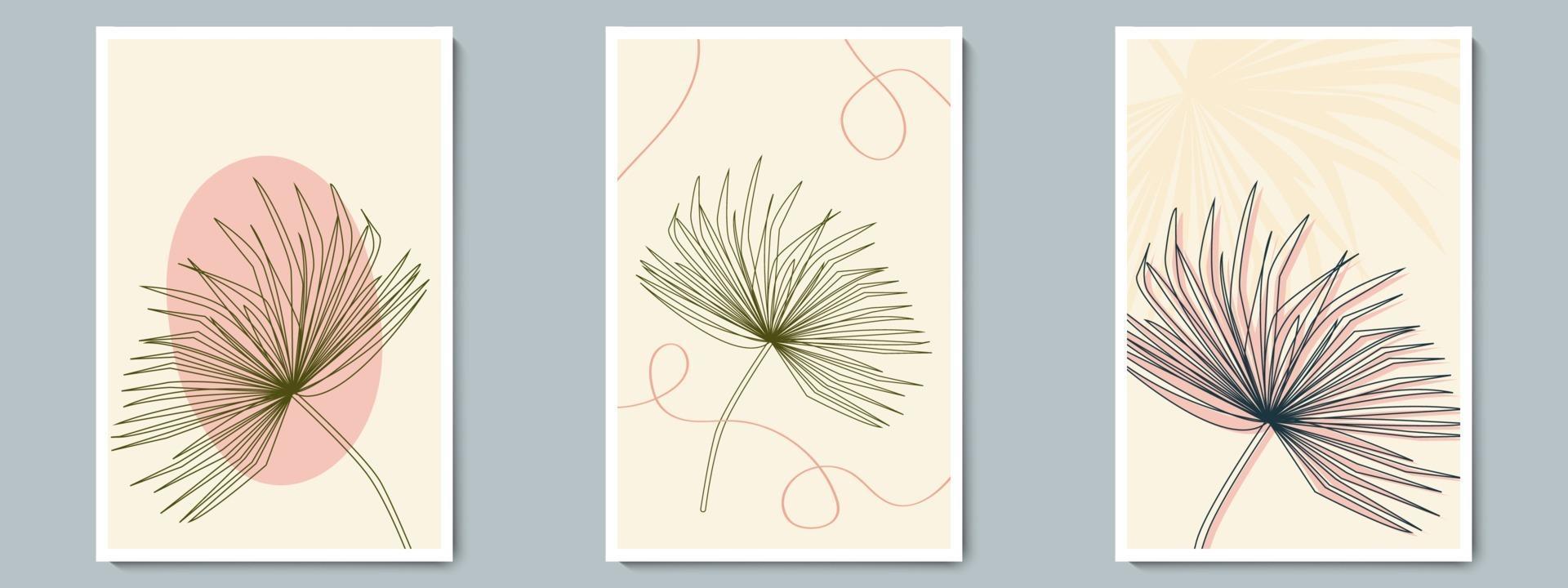 Conjunto de carteles de contorno vectorial de arte de pared botánica. follaje minimalista con forma simple abstracta y patrón de líneas vector