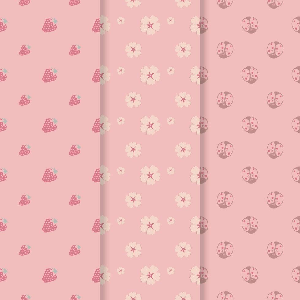 collection of seamless floral pattern in pink with ladybugs, cherry blossom and strawberries vector