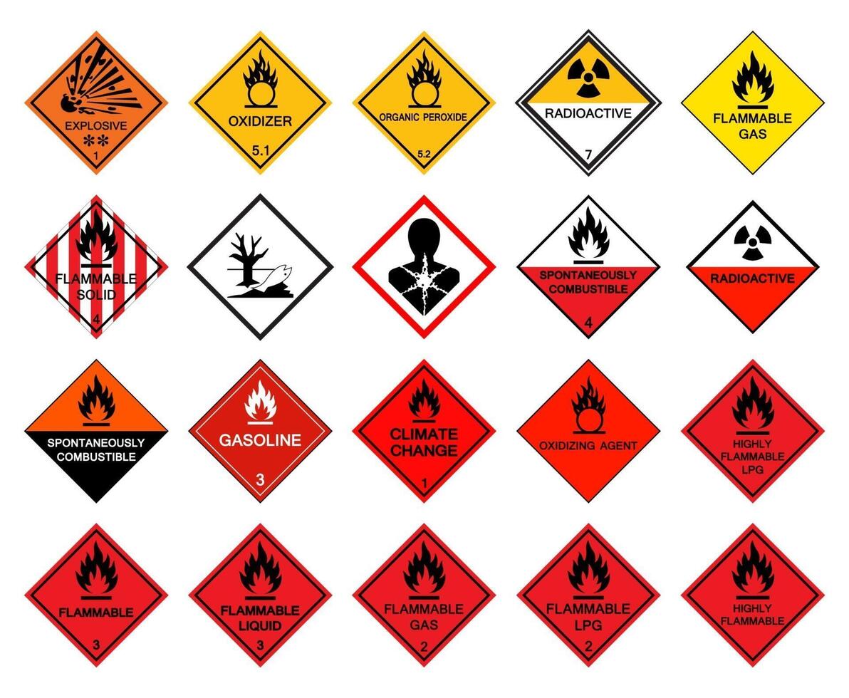 pictogramas de peligro de transporte de advertencia, signo de símbolo de peligro químico peligroso aislado sobre fondo blanco, ilustración vectorial vector