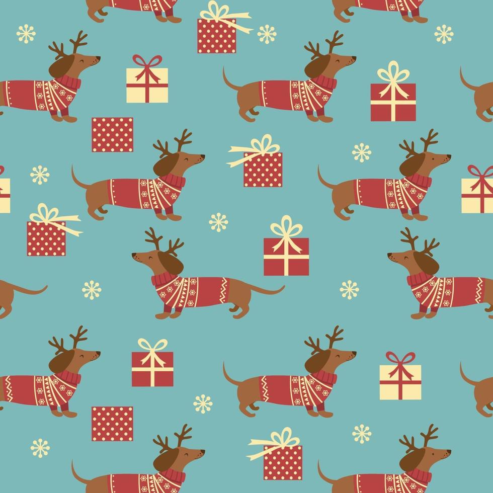 Christmas seamless pattern with dachshunds and gifts. Vector illustration.