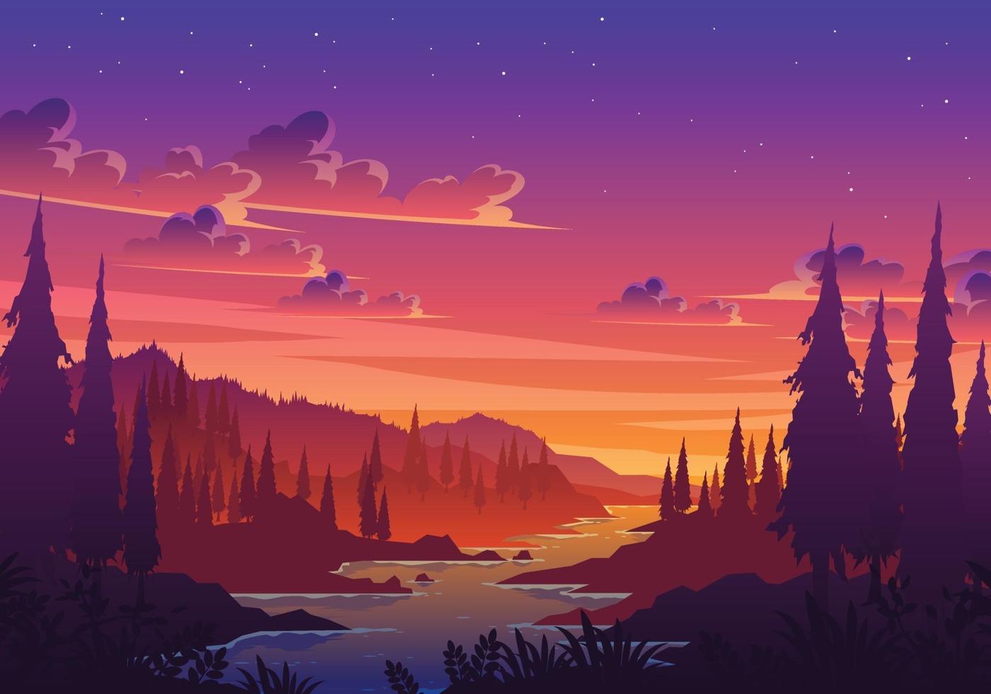 Sunset Valley Landscape Illustration vector