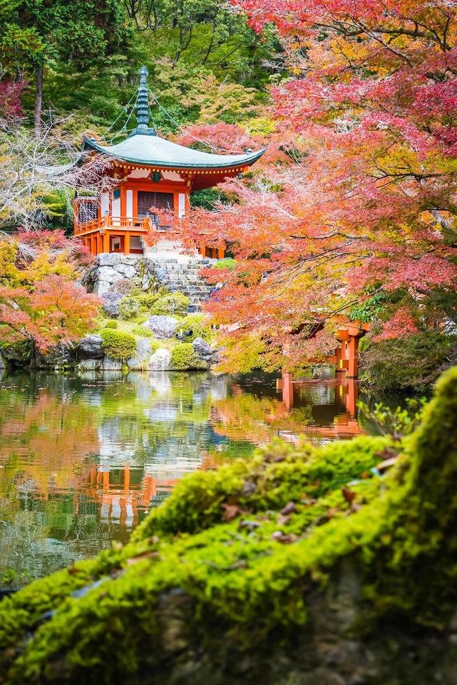 hermoso templo daigoji con coloridos árboles y hojas en la temporada de otoño foto