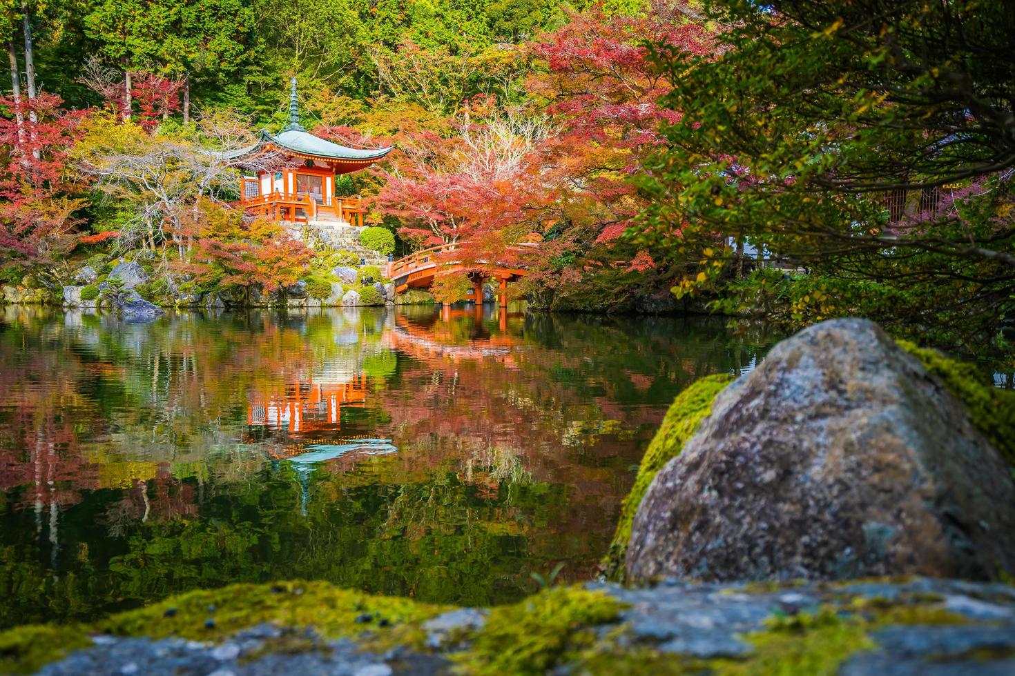 hermoso templo daigoji con coloridos árboles y hojas en la temporada de otoño foto