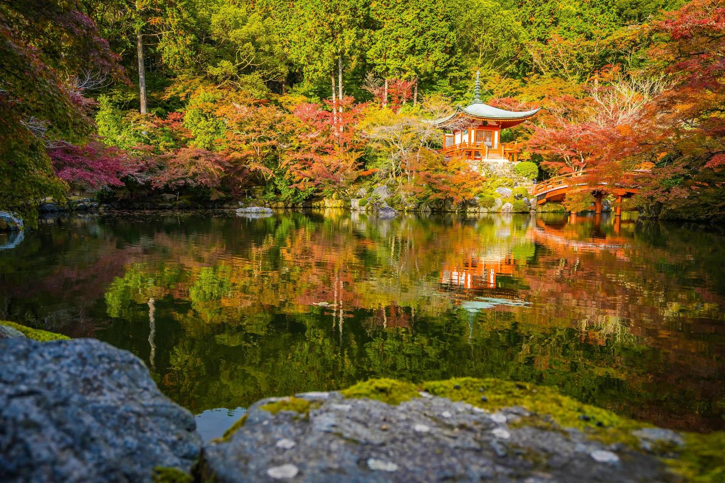 hermoso templo daigoji con coloridos árboles y hojas en la temporada de otoño foto