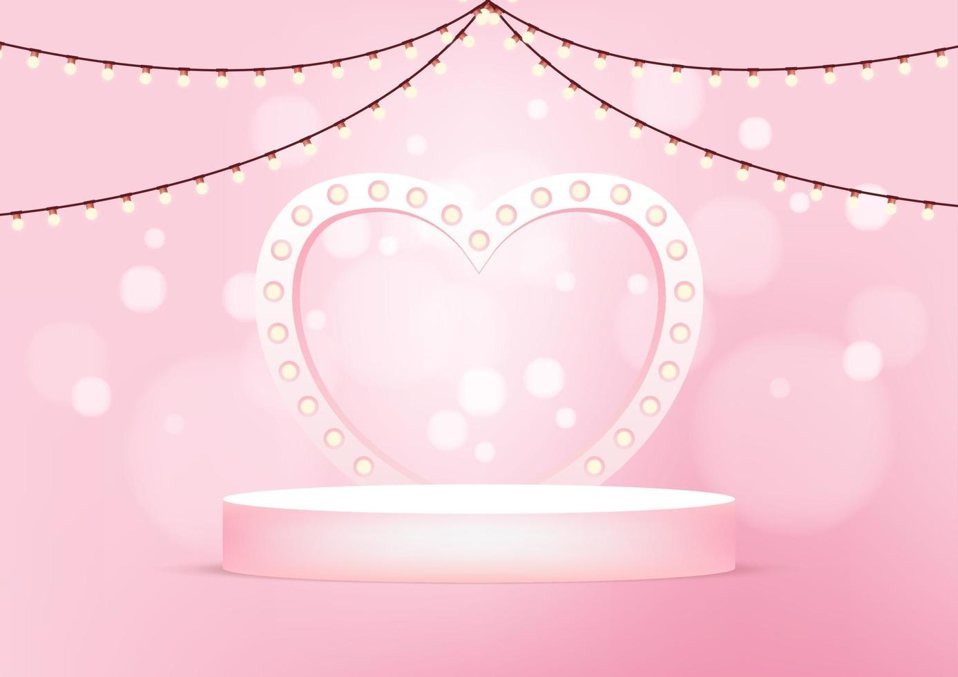Empty round stage with heart shaped arch illuminated by light bulbs. pink studio background for product display. vector