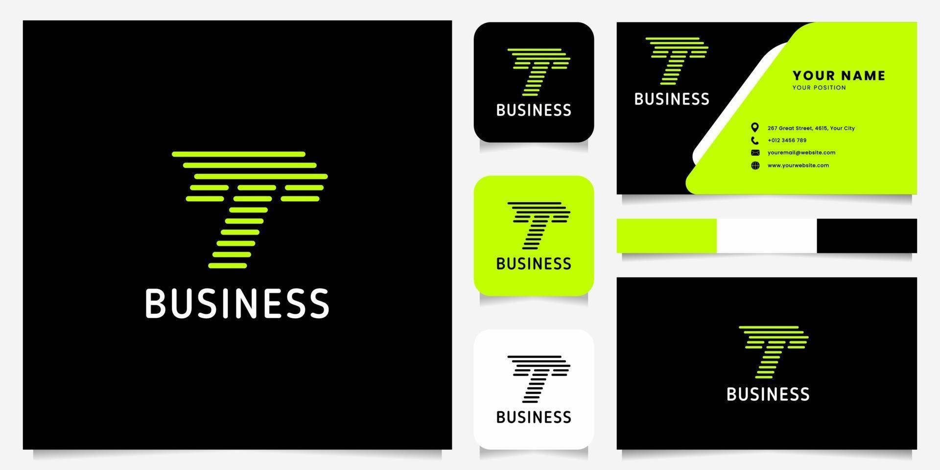 Bright Green Arrow Rounded Lines Letter T Logo in Black Background with Business Card Template vector