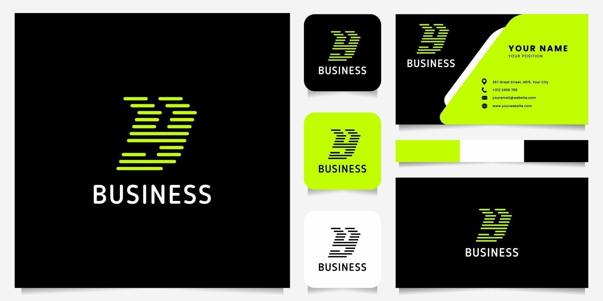 Flecha verde brillante líneas redondeadas logotipo de la letra y en fondo negro con plantilla de tarjeta de visita vector