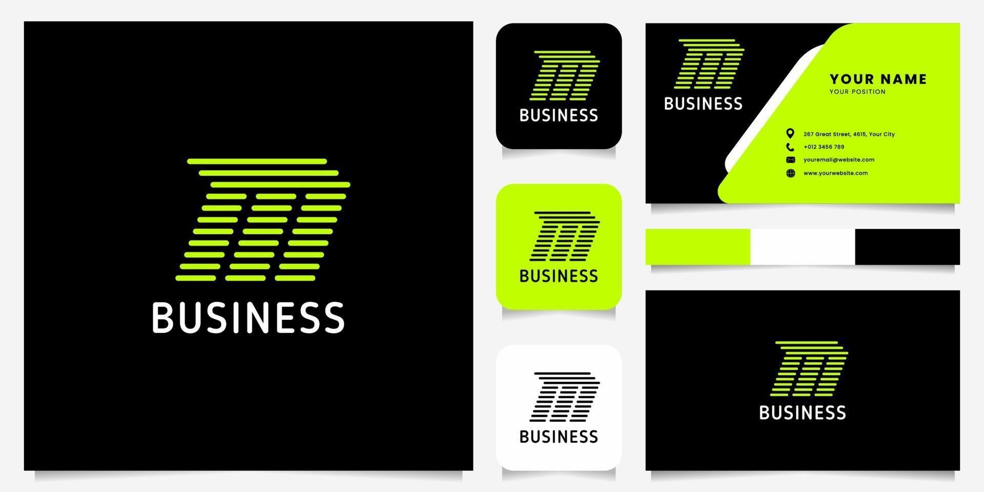 Bright Green Arrow Rounded Lines Letter M Logo in Black Background with Business Card Template vector