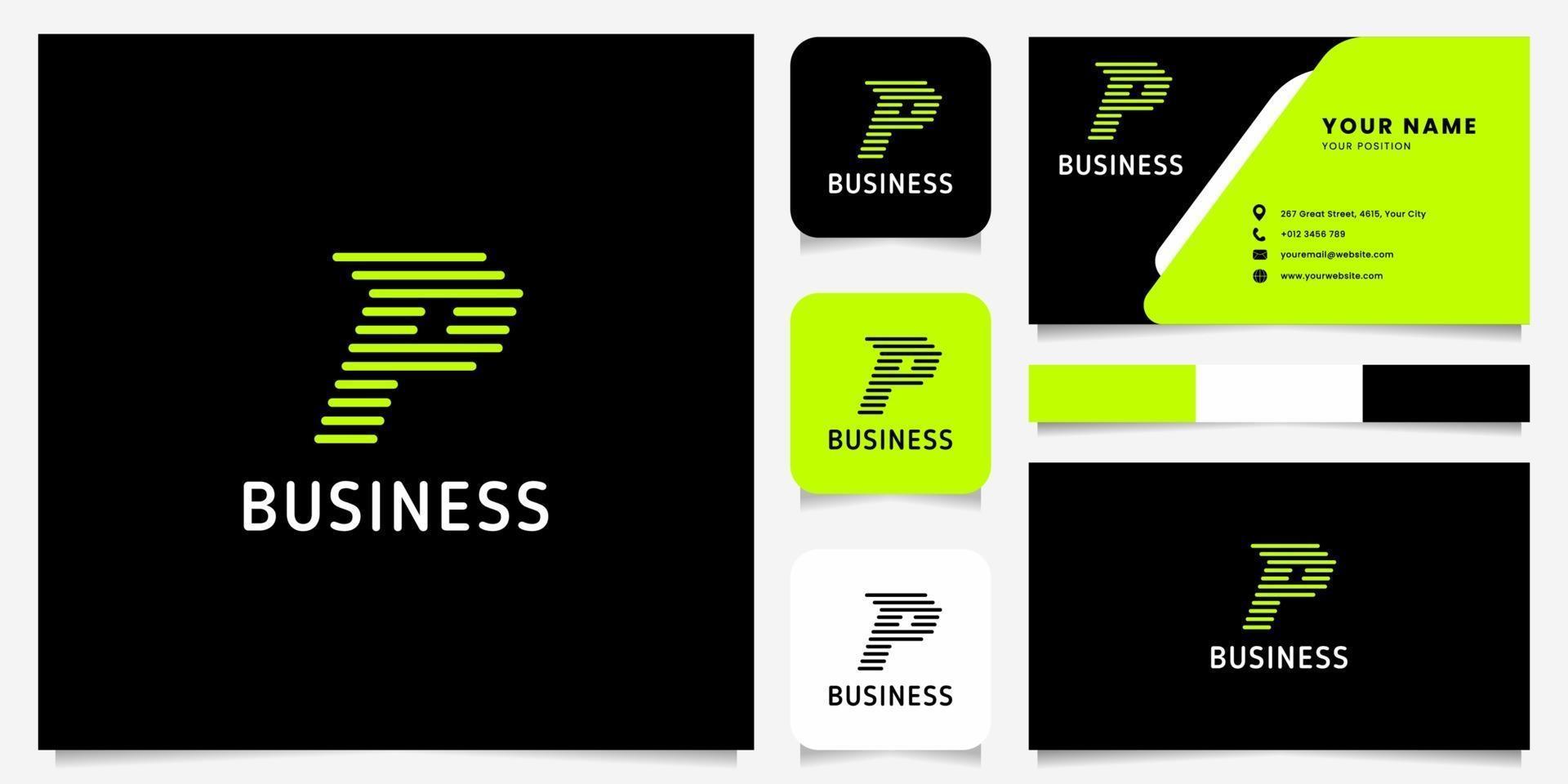 Flecha verde brillante, líneas redondeadas, logotipo de la letra p en fondo negro con plantilla de tarjeta de visita vector