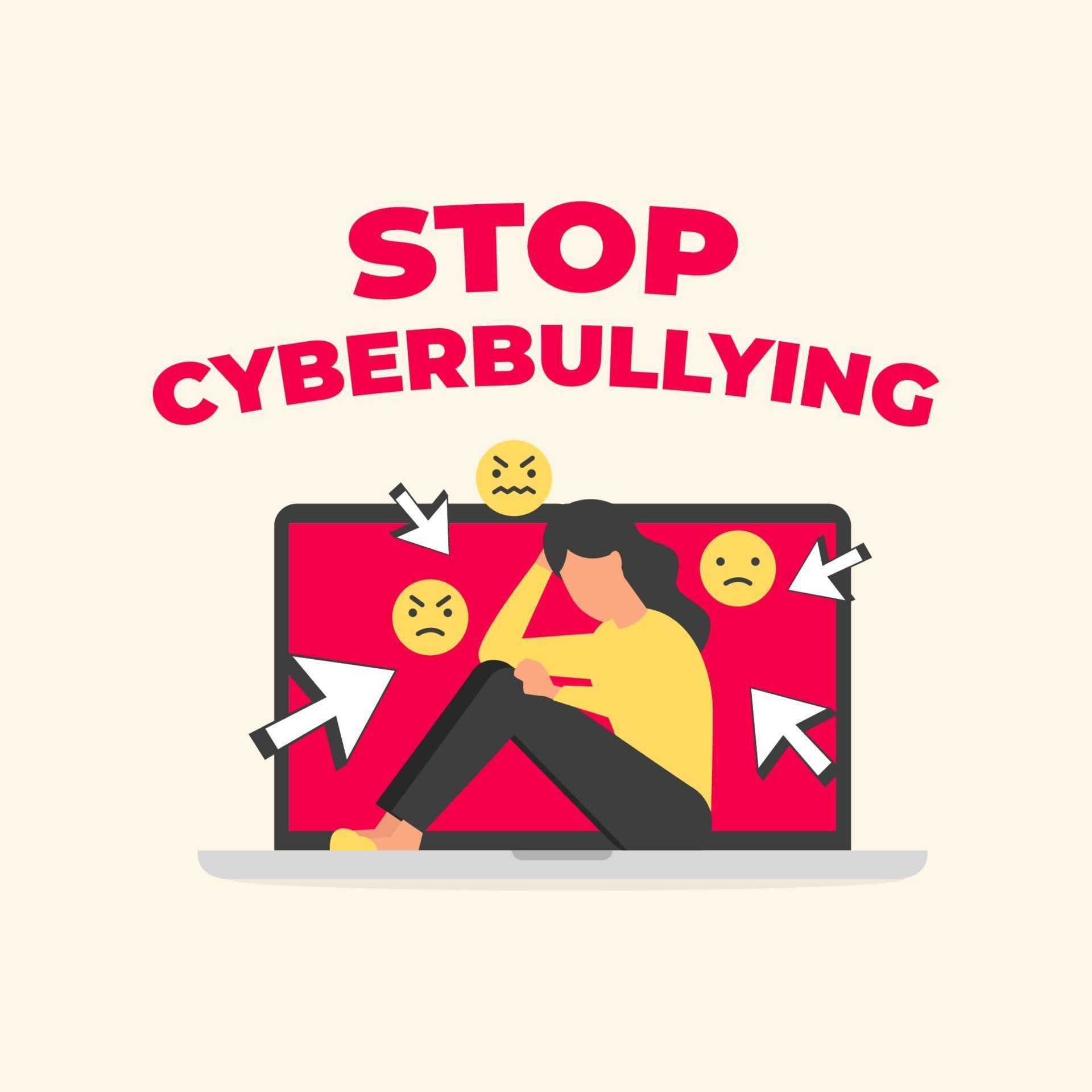 Stop Cyberbullying text with sad woman sitting on laptop. Social media