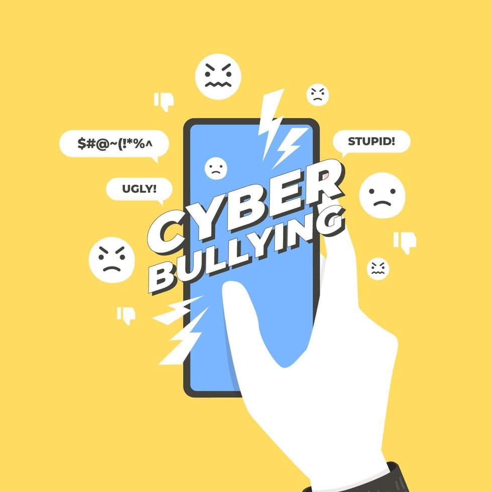 Cyber bullying concept. Hands holding smart phone with cyber bullying message. vector